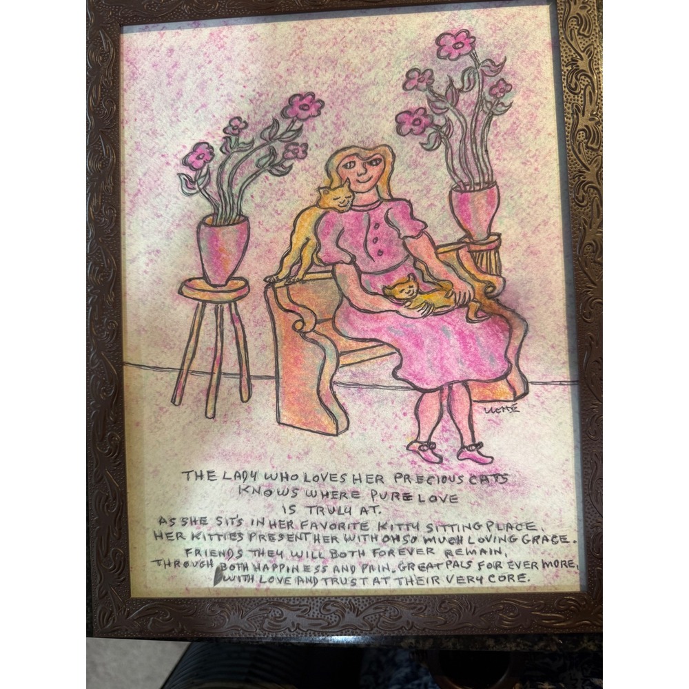 Frederick Arthur Yohe Original Pastel Ink Drawing The Lady Who Loves Her‎ Cats